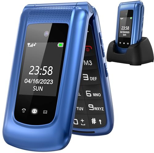 uleway Seniorenhandy Klapphandy ohne Vertrag,GSM Großtasten Mobiltelefon SOS Notruffunktion,Taschenlampe,FM Radio,2.4 Zoll Dual Display Handy für Senioren (Blau)(mit Ladestation), o2