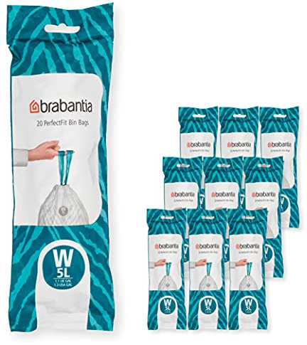 Brabantia 137884 PerfectFit Bin Liners Multipack (Size W/5 Litre) Thick Plastic Trash Bags with Tie Tape Drawstring Handles (200 Bags), White