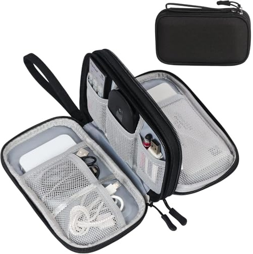 FYY Travel Cable Organiser, Electronics Accessories Bag, Waterproof Tech Storage Pouch, 2-Layer Universal Carry Case for Charger, Power Bank, USB Drive M-Black