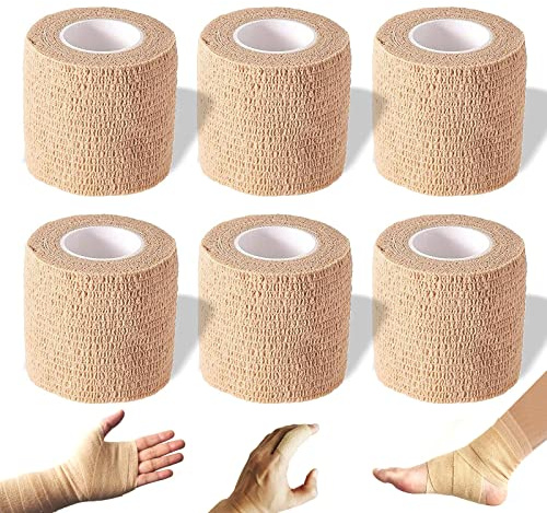 Self Adhesive Bandage Wrap, 2 inches x 5 Yards, 6 Pack, Self Adhering Bandage Wrap, Self Adherent Cohesive Wrap Bandages for Sports, Bandage Wrap for Sports, First Aid Tape