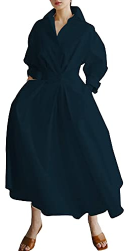 Women Maxi Shirt Dress Long Sleeve Button Smocked Waist Long Dress Loose Swing Party Dress with Pockets (Black, Small)