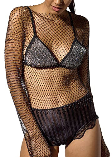 Owegvia Donne Manica Lunga Sexy Mesh Top Glitter Strass Scava Fuori Vedere Attraverso Camicia Coprire Girocollo Lucido Corchet A Rete Crop Top Club, Nero , S