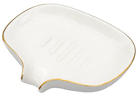 Polyroyal White Soap Dish Ceramic Self Draining Soap Dish Waterfall Slot Gold Edge Bathroom Accessories for Bathroom, Kitchen,Bar Counter