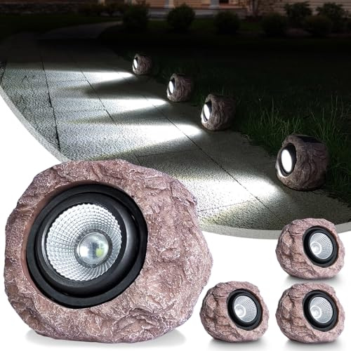 Cloud sakura Solar Rock Lights Outdoor Waterproof - [4 Pack] Realistic Stone Solar Powered Garden Lights, LED Decorative Landscape Lighting for Pathway, Yard, Walkway, Lawn, Rockery, Warm White