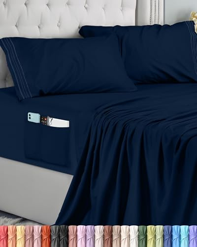 Utopia Bedding Juego de Sabanas 3 Piezas 90x190 - Microfibra De Poliéster, Sábana Bajera con Bolsillos de Almacenamiento, Sábana Plana Y 1 Funda De Almohada Bordadas (Cama 90, Azul Marino)