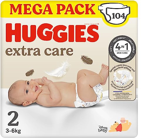 Huggies Extra Care Bebe, Pannolini Taglia 2 (3-6Kg), Ultra assorbente, Design Disney, Pacco Mega, 104 Pz
