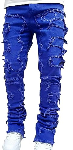 Jeans applicati a coste dritte flare, jeans a tubo, da uomo, patchwork, lavati, vintage, largo, punk, denim, hip hop, jeans alla moda, skateboard