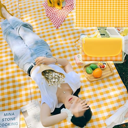 TFSZE 300x200cm Manta de Picnic, Grande Manta para Pícnic con Base Impermeable,cheque Amarillo Tapete de Picnic Plegable con Asa, Manta de Camping de Playa para Barbacoa al Aire Senderismo Parque