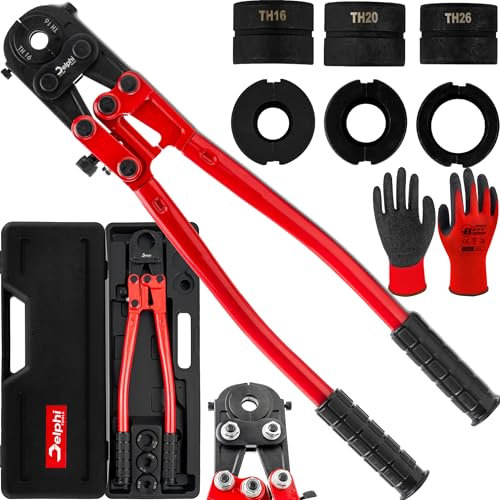 DELPHI Juego de alicates de prensa hidráulica TH Ø 6-26 mm 360 ° Crimpadora Terminal de Cable con Ajuste de Presión - Alicates de Tubería de Presión Profesional Herramienta Hidráulica Manual para
