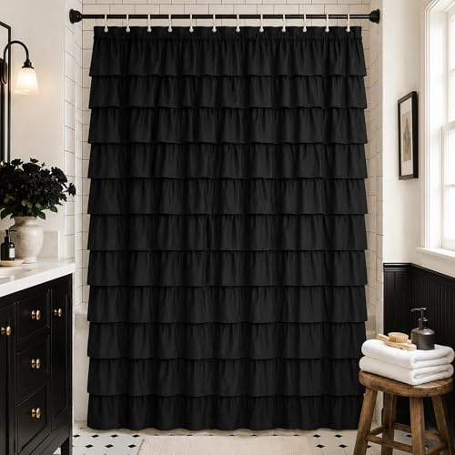 WestWeir Duschgardin i svart tyg - gotiskt och elegant badrumsdekor, volang design, 72 x 84, boho och vintage chic, enkel skötsel, extra lång, lätt, passar bondgård och moderna stilar