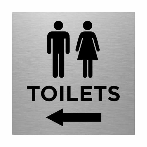Male and Female Toilets Sign with Left Arrow – 150 x 150mm – Durable 0.5mm Aluminium with Clear Text & Icon, Self-Adhesive for Easy Mounting, Professional Restroom Directional Signage (1)