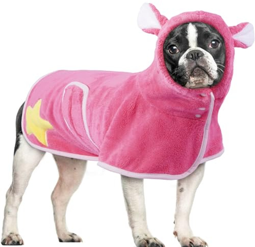 OUOBOB Hooded Dog Drying Robe for French Bulldogs & Small Dogs | Absorbent Post-Bath Towel Coat with Belly Strap, Soft Grooming Bathrobe for Puppies