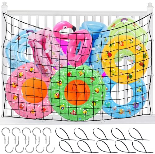 Muximud Extra Large Pool Float Storage Net, 71 x 47 Inch Hanging Pool Toy Storage Bag Swimming Poolside Fence Heavy Duty Outdoor Float Holder with Hook and Ties For Water Inflatable Rafts Toys