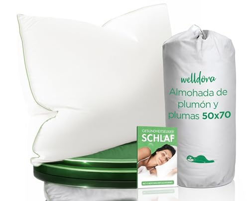 Welldora Almohada Plumas y Plumón Lujo 50x70 | Almohada Cervicales y Cuello Firmeza Media 3 Cámaras | 100% Plumón y Plumas Naturales | Médicamente Probada, Oeko-Tex, Hipoalergénica, Certificado RDS