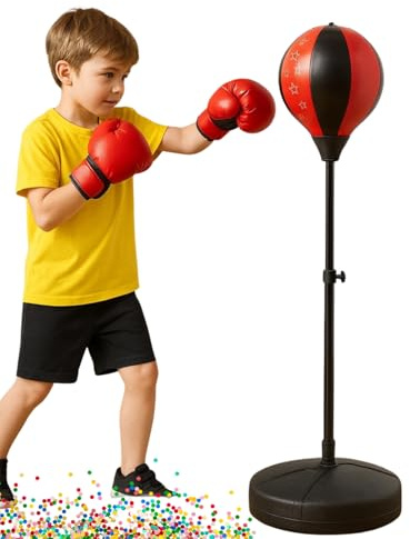 RKidz Punching Speed Bag Play Set, 90-126cm Adjustable Height, 300° Swing, Free Standing Boxing Ball Bag with 6oz Padded Gloves, Air Pump and Circular Weighted Stand, Ideal Training and Keeping