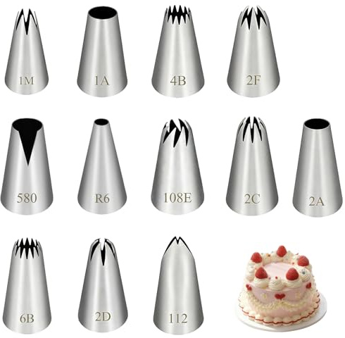 12 Piezas Boquillas para Manga Pastelera, Boquillas Reutilizables de Acero Inoxidable para Decoración Creativa de Tartas, Pasteles y Galletas, para Repostería Profesional y Aficionados