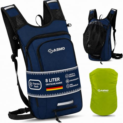 SASMO® Mochila pequeña para bicicleta de 8 L con bolsa de hidratación (azul) – Compartimento térmico y red para casco, mochila MTB y mochila de esquí, ultraligera, 450 g, mochila impermeable para