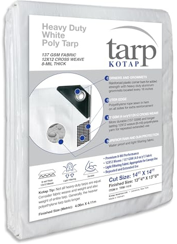 Kotap 14 x 14 Ft. Heavy-Duty Protection/Coverage Tarp, Superior Weave for Greater Longevity 8-mil, Multi-Use, Waterproof, White, 1-Pack (TRW-1414)