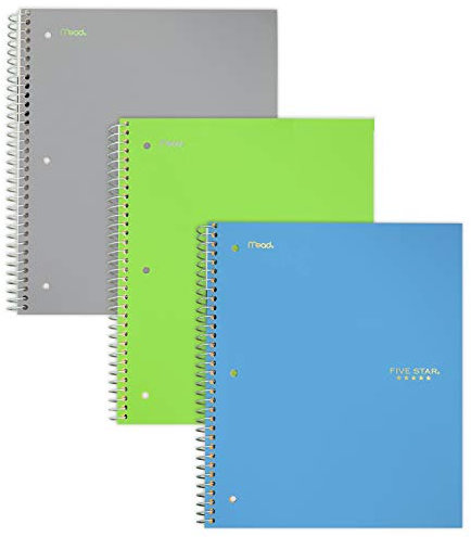 Femstjärnig spiralanteckningsbok, 1 ämne, 100 breda linjerade ark, grönblå, lime, bärrosa/lila, 3-pack (73057)