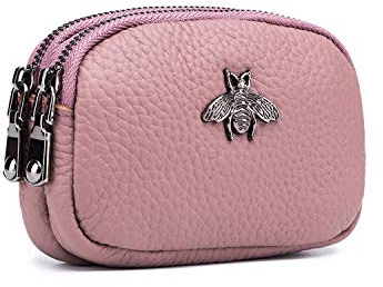 ZOONAI Genuine Leather Double Zipper Coin Purse Bee Change Pouch Credit Card Holder (Pink)