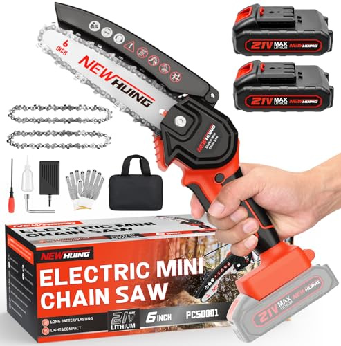 Mini Cordless Chainsaw Kit, Upgraded 6 One-Hand Handheld Electric Portable Chainsaw, 21V Rechargeable Battery Operated, for Tree Trimming and Branch Wood Cutting by New Huing