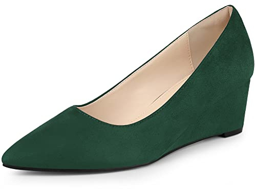 Allegra K Women Pointy Toe Slip on Wedges Heels Pumps Dark Green