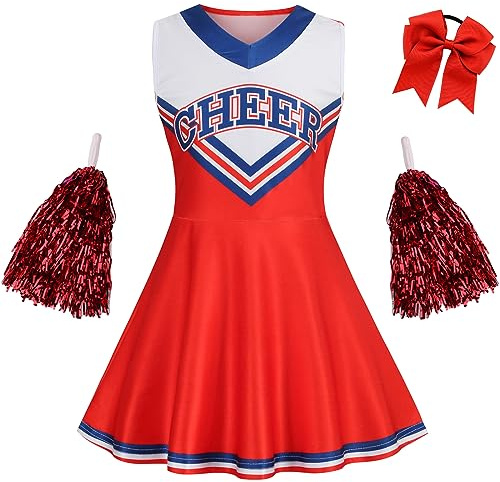 GRAJTCIN Kids Cheerleader Costume for Girls V Neck Cheer Dress Cheerleading Uniform 4-5 Years Halloween Outfit (120, Red-2)
