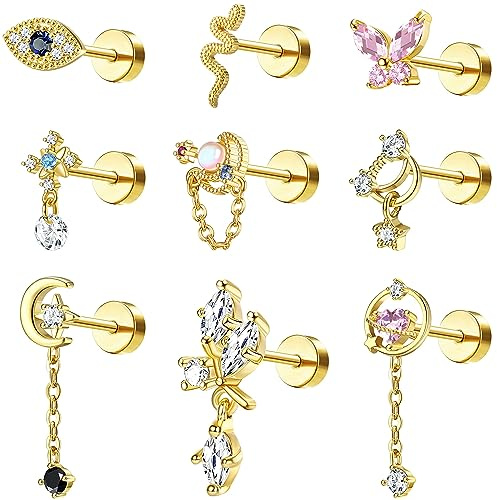 Kakonia 9Pcs 16G Piercing Oreille pour Femme Acier Chirurgical Boucles d'oreilles Cartilage Tragus Piercing Labret Mauvais Œil/Papillon/Le Serpent Dangle Oreille Piercing Tragus Helix Piercing Bijoux