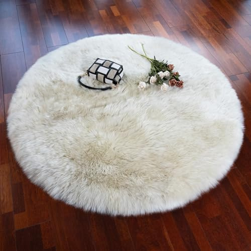 LLB Genuine Sheepskin Rug Plush Soft Throw Area Rug Fur Carpet Fluffy Shaggy Sheepskin Rug for Living Room Kids Bedroom Luxury Home Decor Rectangle (Cream Brown, Round 48'')