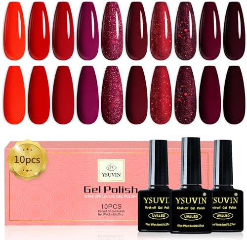 YSUVIN Semipermanente Unghie, 10 Colori Rosso Granata Rosso Glitter Smalto Semipermanente Unghie Soak Off UV/LED Lampada Nail Art Gel Unghie Set, 8ml
