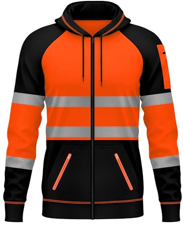 trending babz Mens Hi Viz Vis Reflective Zipper Patched Fleece 3 Zip Up Pockets Sweatshirt Work Wear Hoodie Top Jacket Orange Black