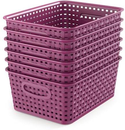 WYT 6-Pack Plastic Small Shelf Storage Weave Baskets Organizing for Cabinets and Pantries, Deep Purple
