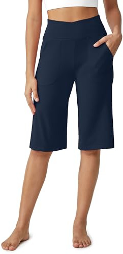 G4Free Cropped Trousers for Women UK Knee Length Shorts Wide Leg Yoga Pants with Pockets High Waist Ladies Capri Stretch Summer Casual Pants(Dark Navy,M,14)