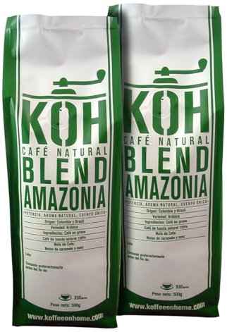 KoffeeONHOME Café Blend Amazonia en Grano Colombia Brasil Arábica Tueste Natural 2 paquetes de 500 gr 1 kg