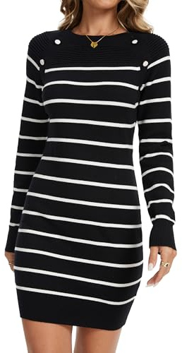 YUTILA Vestido de punto para mujer, vestido de jersey monocolor, vestido de invierno, cuello redondo, minivestido para otoño e invierno, manga larga, Negro , M