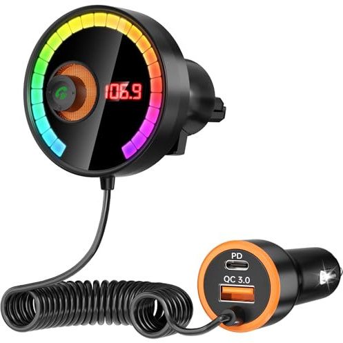 Bluetooth Adapter Auto mit LED-Lichtern, FM Transmitter für Auto Bluetooth, 36W Schnellladung, Freisprechen, Unterstützt Siri & Google, Modernes Spiegel-Design für sichere Fahrt