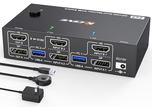 4K@144Hz HDMI Displayport KVM Switch 2 PC 2 Monitore 8K@60Hz, MLEEDA USB 3.0 Dual Monitor KVM Switches für 2 PC Teilen Sich 2 Monitore und 4 USB Ports,mit Desktop Controller,12V Netzteil und USB-Kabel