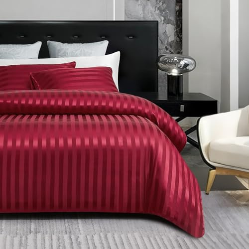 Gezu - Funda nórdica de 200 x 200 cm, color rojo y satén a rayas, juego de cama para adultos, 2 personas, ropa de cama, satén de seda brillante, con cremallera y 2 fundas de almohada de 65 x 65 cm y