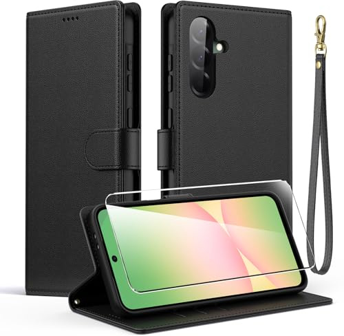 Oududianzi - Coque pour Samsung Galaxy A56 5G avec 1 Morceau de Verre trempé, Housse en Cuir PU Premium, Étui à Rabat pour téléphone avec Fonction Portefeuille et Support - Noir