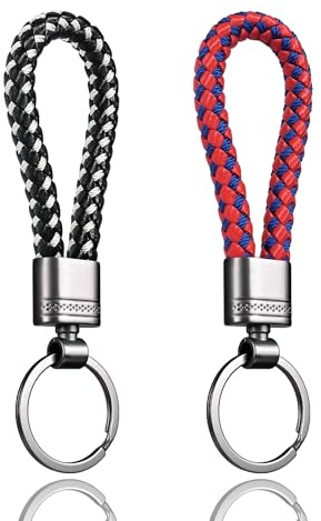 LynixTrade 2 Pcs Key Rings, Leather Keyrings for Women and Men, Car Keychain Rings, Leather Key Fobs Holder, Personalised Car Keys Ring Clips, Keyrings Black and White, Red and Blue