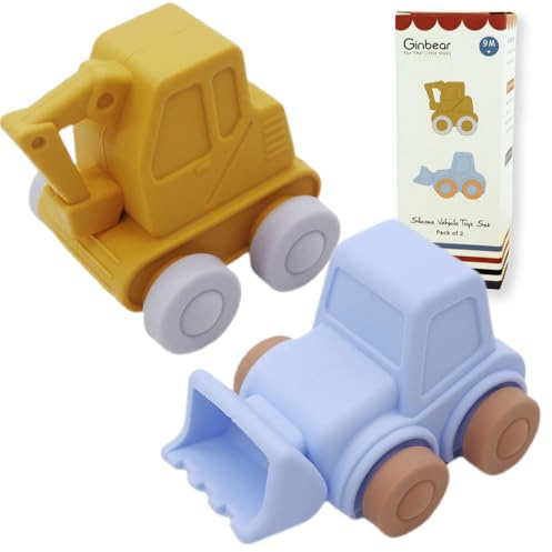 Ginbear Silikonleksaksbilar för spädbarn | från 9 månader | mjukt krypfordonsset (12–18 månader) | Giftfri leksak för småbarn 1–3 år | BPA-fri, livsmedelssäker (grävmaskin + bulldozer)