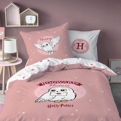 Juego de ropa de cama de Harry Potter de 135 x 200 + 80 x 80 cm, diseño de búho Hedwig, 100 % algodón, reversible, juego de ropa de cama para niña, con cremallera, idea de regalo