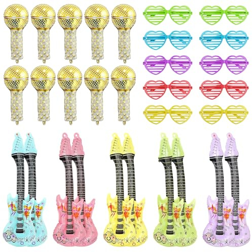 30 Pcs Photo Booth Props,Party Props-10 Inflatable Guitar+10 Microphones+10 Colored Heart Glasses,Parties Accessories for Adults Inflatable Instruments for Disco Birthday Carnival Party