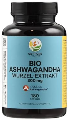 GET PURE - FEEL FREE® - Bio Ashwagandha Kapseln - 180 Kapseln - 300mg Ashwagandha pro Kapsel - KSM-66® Premiumrohstoff - vegan, ohne Hilfsstoffe - 5% Withanolid-Gehalt