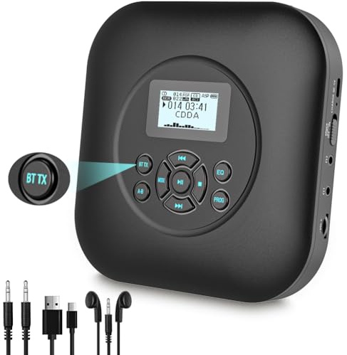 Lecteur CD Portable Rechargeable 1800mAh Lecteur CD Portable Bluetooth avec Haut-Parleur, Protection Anti-Choc/Anti-Glissement, Câble AUX et Casque pour La Maison, La Voiture et Les Voyages
