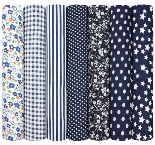 AOOSA Tygbuntar, 7 st., 50 x 50 cm, bomullsrutor i mjukt hållbart material och snygga mönster, färdigskurna, blommiga patchwork-rutor för quiltning, sömnad, ansiktsmasker och heminredning, mörkblå | Förskurna tygpaket lapptäcke med blommönster för quiltning, sömnad, gör-det-själv-pyssel, dockkläder