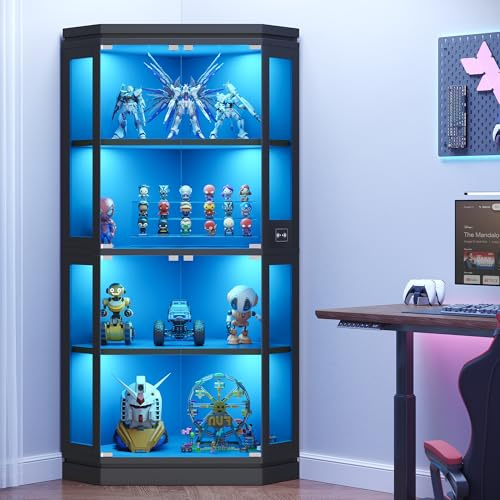 Jocoevol Corner Display Cabinet with Glass Doors, 170cm Tall Curio Cabinet, 4-Tier Glass Display Cabinets with RGB Lights & APP, Sensor, Display Case for Living Room, Black