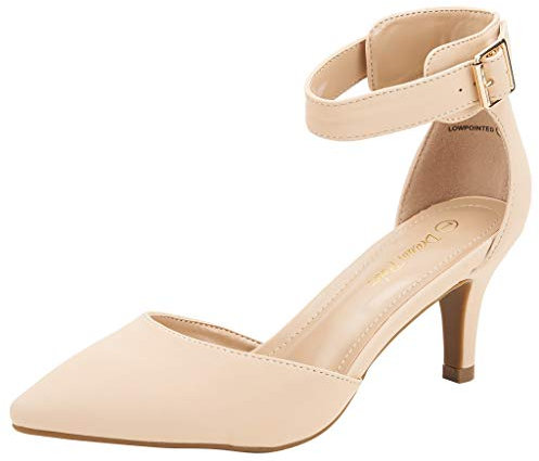 DREAM PAIRS Womens Court Shoes Pointed Toe Low Kitten Heel Ladies Pumps Ankle Strap Dress Sandals,Size 7.5,Nude/Nubuck,LOWPOINTED