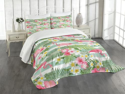 ABAKUHAUS Flamingo Tagesdecke Set, Exotische Hawaii-Blatt, Set mit Kissenbezug Ohne verblassen, für Einzelbetten 170 x 220 cm, Weiß Grün Rosa