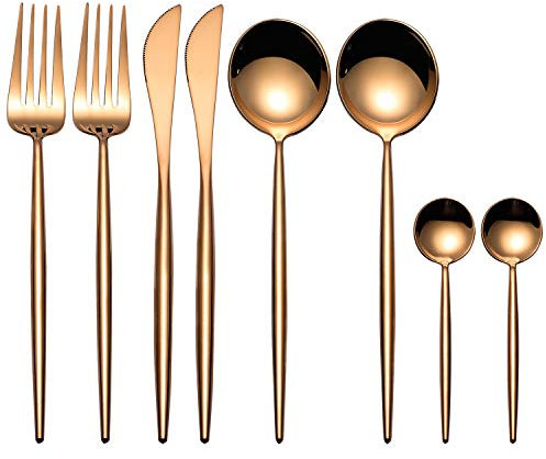 MORGIANA 8 Pieces Flatware Sets 18/10 Stainless Steel Cutlery Set Mirror-Finished, Silverware Set, Dinnerware Set Including Dinner Knife Spoon Fork Teaspoon, Service for 2 (Rose Gold)